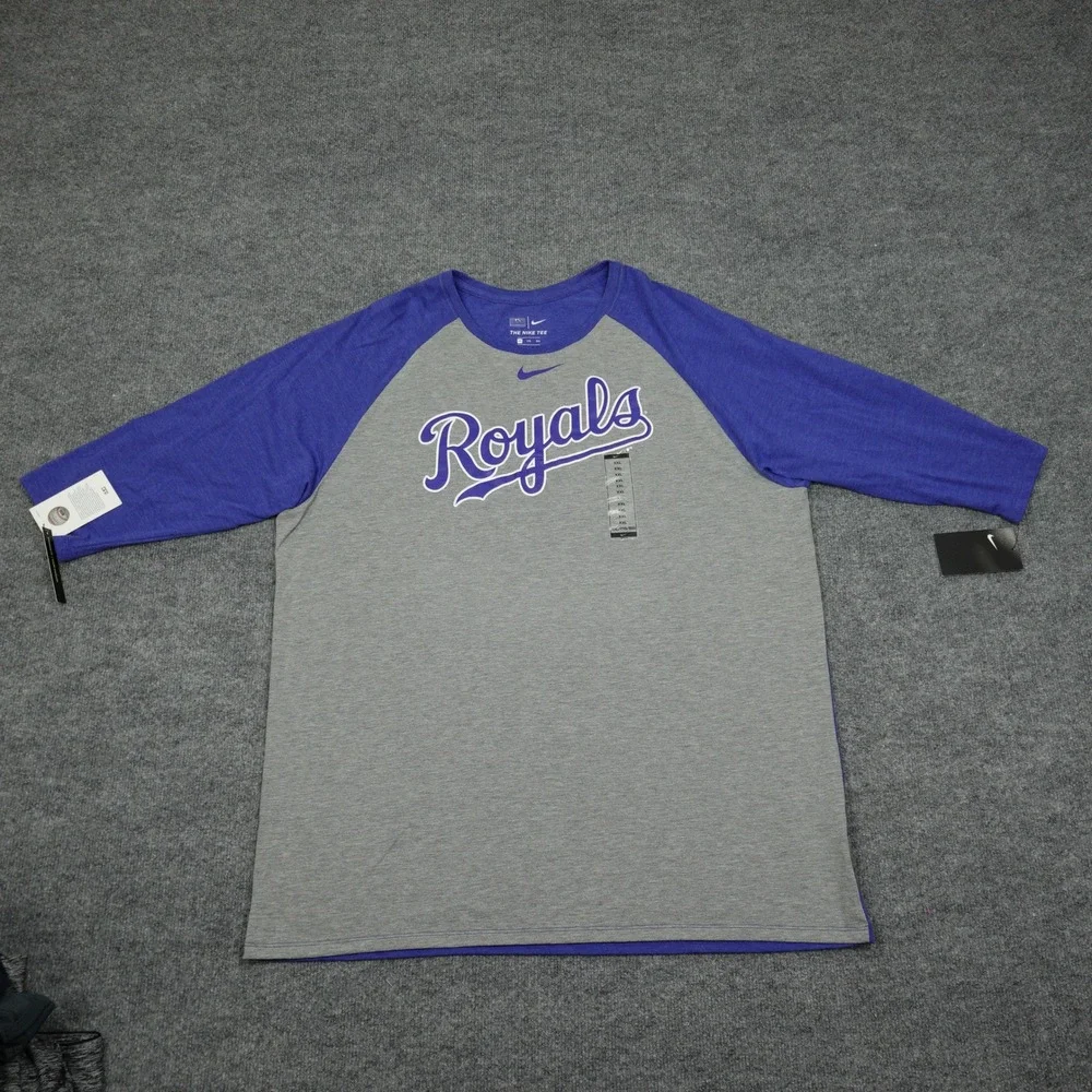 Kansas City Royals Shirt Mens XXL Grey Blue Nike Raglan 3/4 Sleeve MLB Baseball